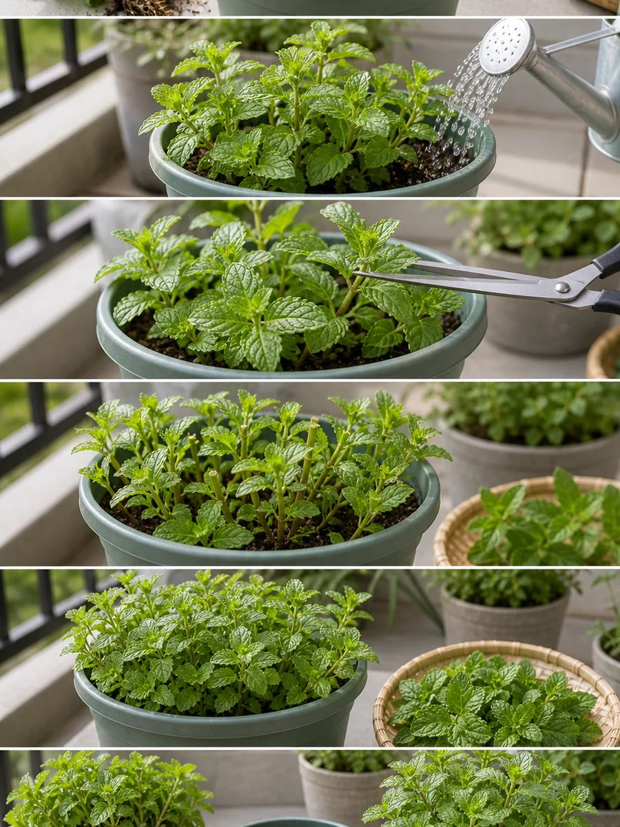 ミントの苗植えから摘心、切り戻し、収穫までの流れをまとめた縦長画像
