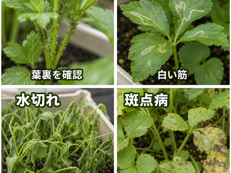 三つ葉のアブラムシ、ハモグリバエ、水切れ、斑点病をまとめた診断画像
