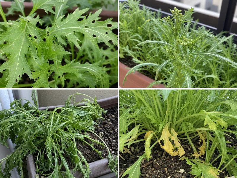 水菜の虫食い、とう立ち、乾燥、黄化を比較した画像