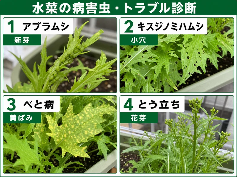 水菜のアブラムシ、キスジノミハムシ、べと病、とう立ちをまとめた診断画像