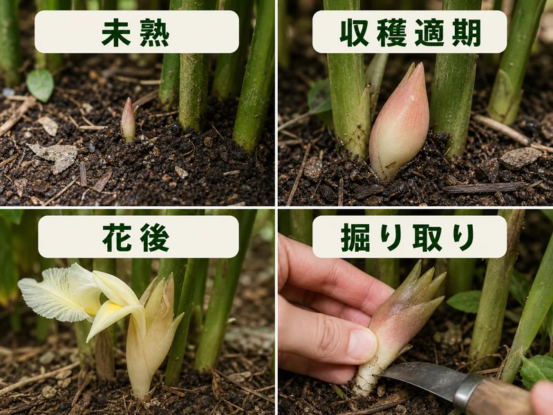 みょうがの未熟、収穫適期、花後、掘り取りを比較した4分割画像
