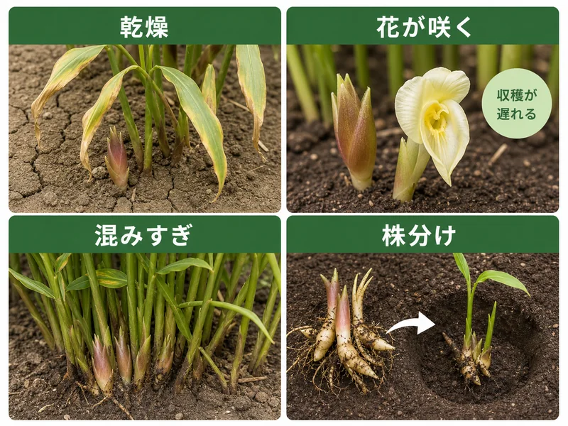 みょうがの乾燥、花が咲いた状態、混みすぎ、株分けを比較した4分割画像