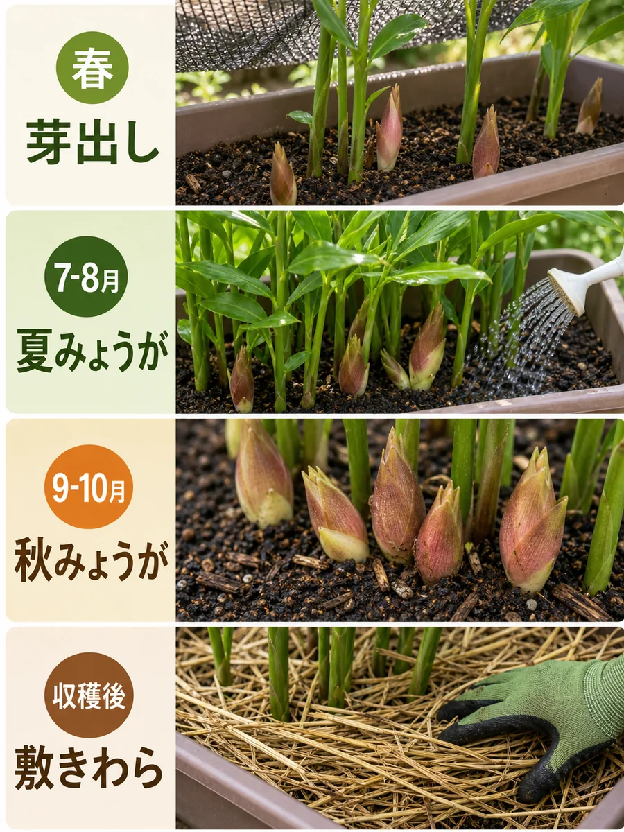 みょうがの芽出し、夏みょうが、秋みょうが、収穫後管理をまとめた縦長画像