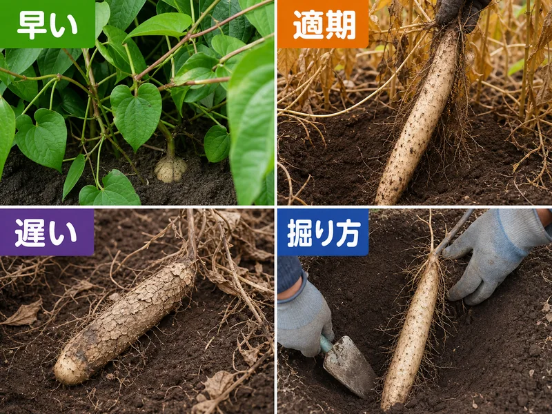 長芋の早い、適期、遅い、掘り方を比較した収穫目安画像