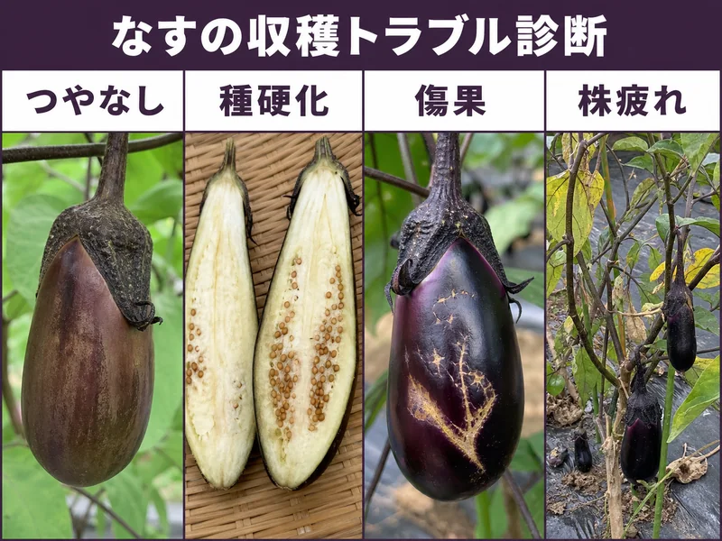 なすの収穫目安の収穫前後のトラブルを比較した画像