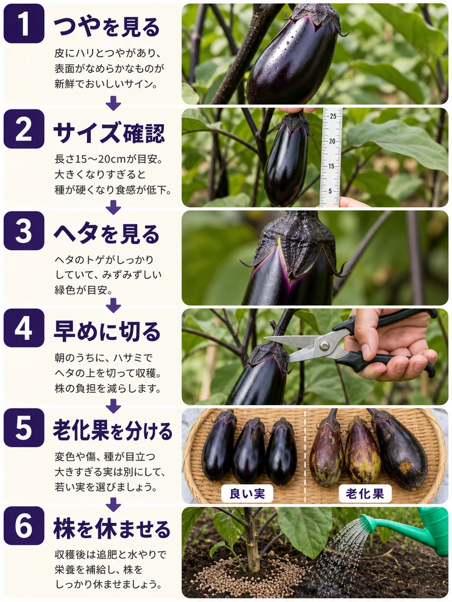 なすの収穫目安の判断手順をまとめた縦長画像