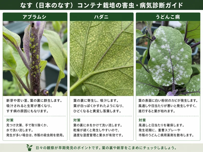 なすのアブラムシ、ハダニ、うどんこ病の見分け方
