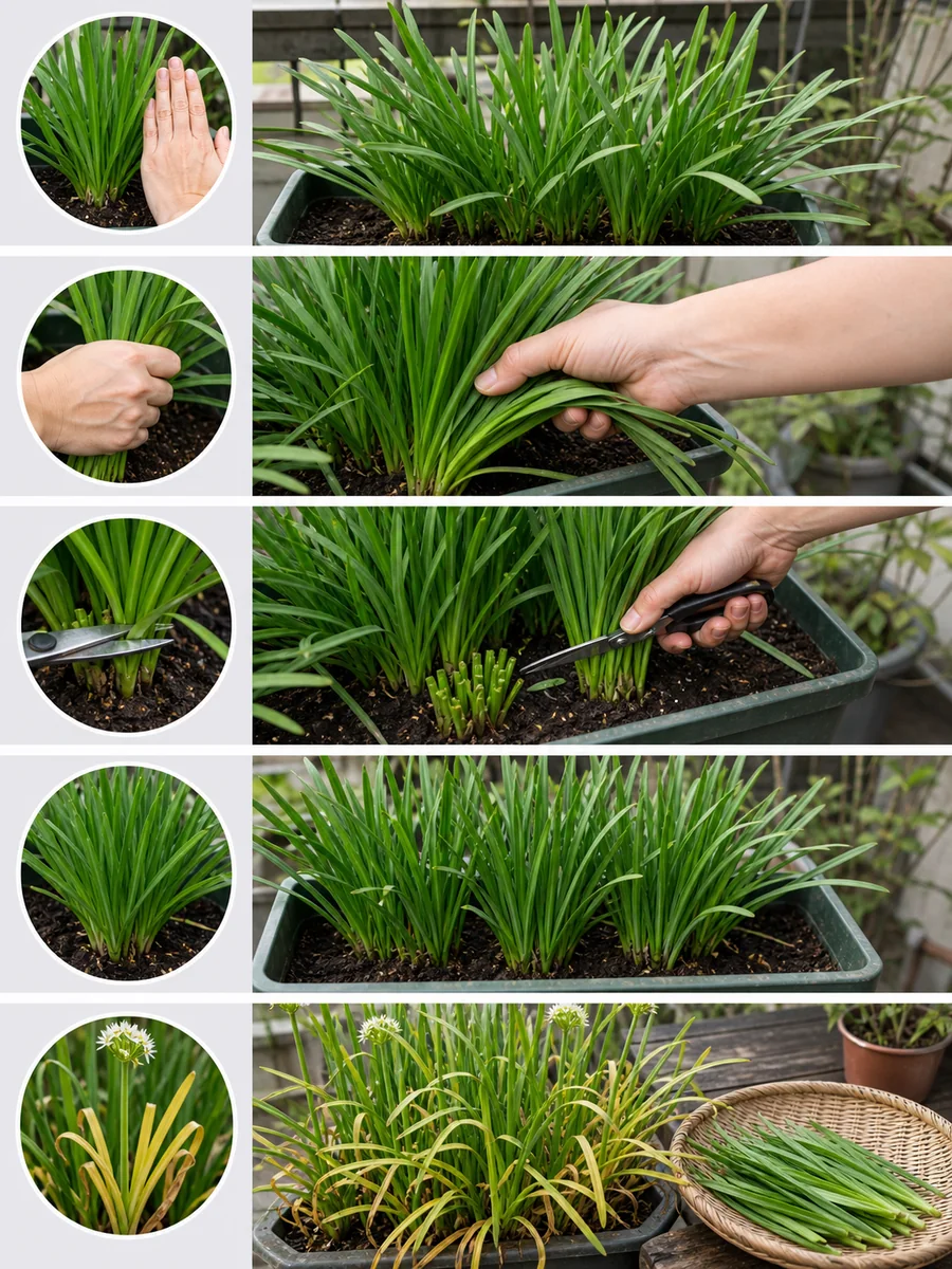 ニラの草丈確認、束ねる、刈り取る、再生、花茎と黄ばみを確認する画像