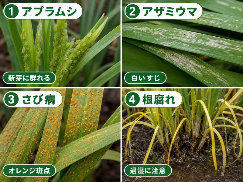 ニラのアブラムシ、アザミウマ、さび病、根腐れをまとめた診断画像