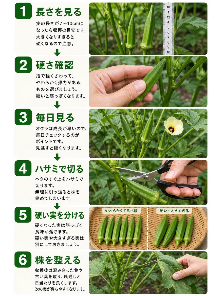 オクラの収穫目安の判断手順をまとめた縦長画像