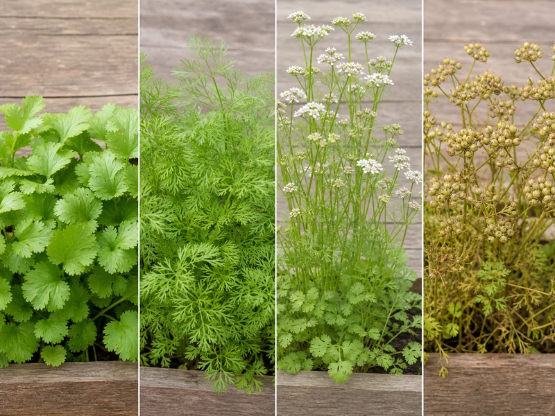 パクチーの若葉、細葉、花茎、花を比較した画像