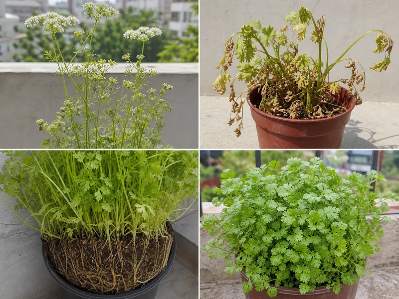 パクチーの花芽、乾燥、根詰まり、高温ストレスを比較した画像