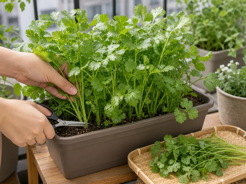 プランターのパクチーを外側の茎から収穫する様子