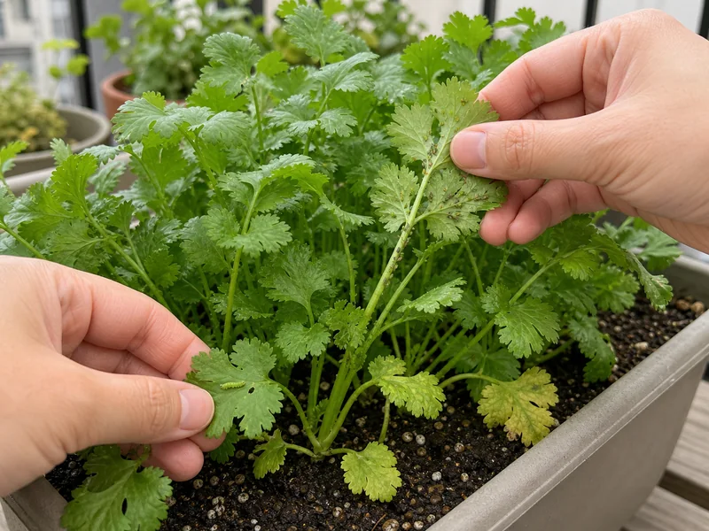 パクチーの葉裏を確認してアブラムシや食害を調べる様子