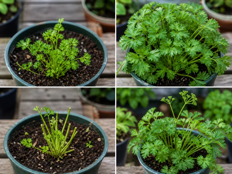 パセリの小さい葉、適期の外葉、取りすぎ、花芽を比較した画像