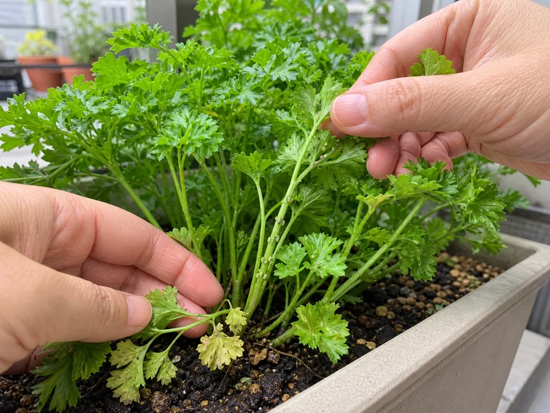 パセリの葉裏と株元を確認して害虫や黄変を調べる様子