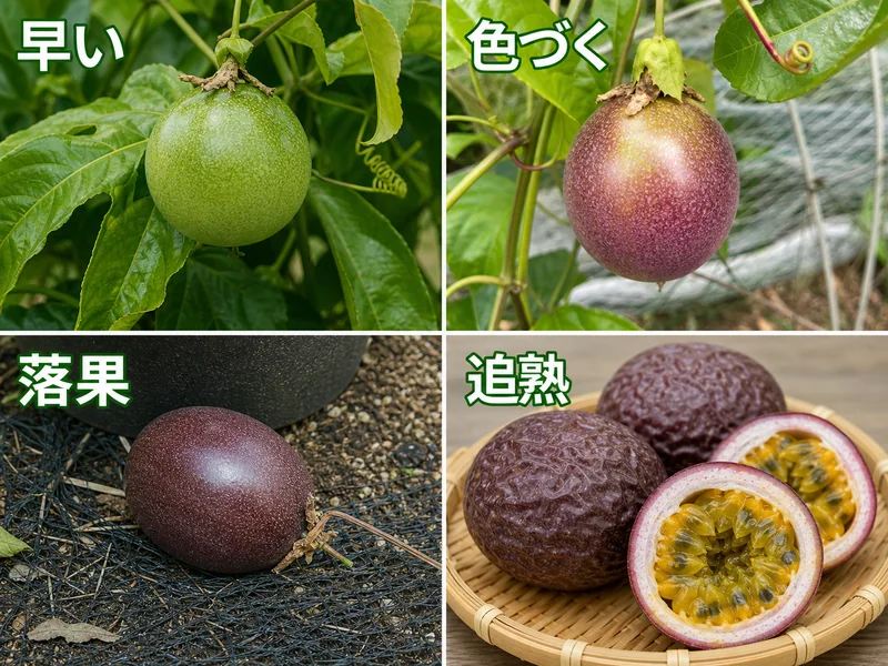 パッションフルーツの早い、色づく、落果、追熟を比較した収穫目安画像