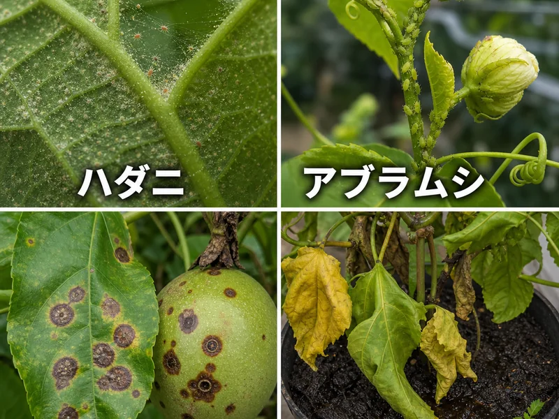 パッションフルーツのハダニ、アブラムシ、炭疽病、根腐れをまとめた診断画像
