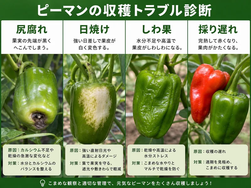 ピーマンの収穫目安の収穫前後のトラブルを比較した画像