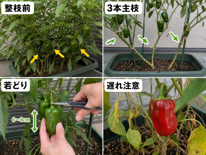 ピーマンの整枝前、3本主枝、若どり、収穫遅れを比較した画像