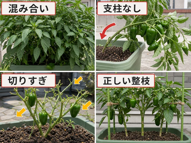 ピーマン整枝の混み合い、支柱なし、切りすぎ、正しい整枝を比較した画像