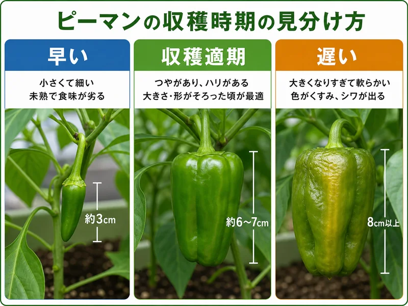 ピーマンの未熟、収穫適期、収穫遅れを比較した収穫目安画像