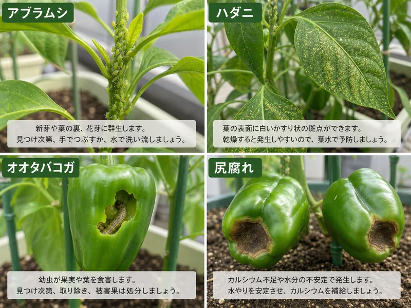 ピーマンのアブラムシ、ハダニ、オオタバコガ、尻腐れの症状をまとめた画像