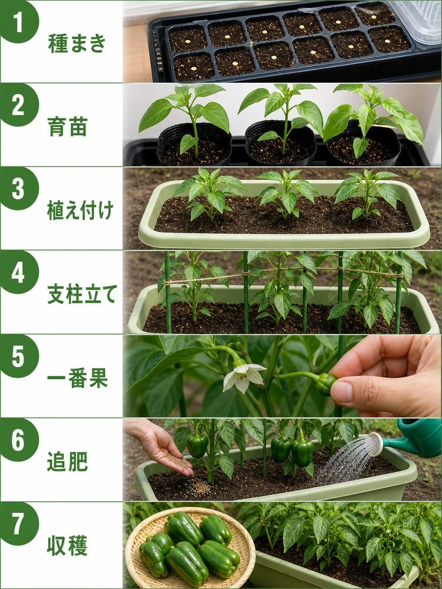 ピーマンの種まきから植え付け、支柱立て、追肥、収穫までの流れをまとめた縦長画像