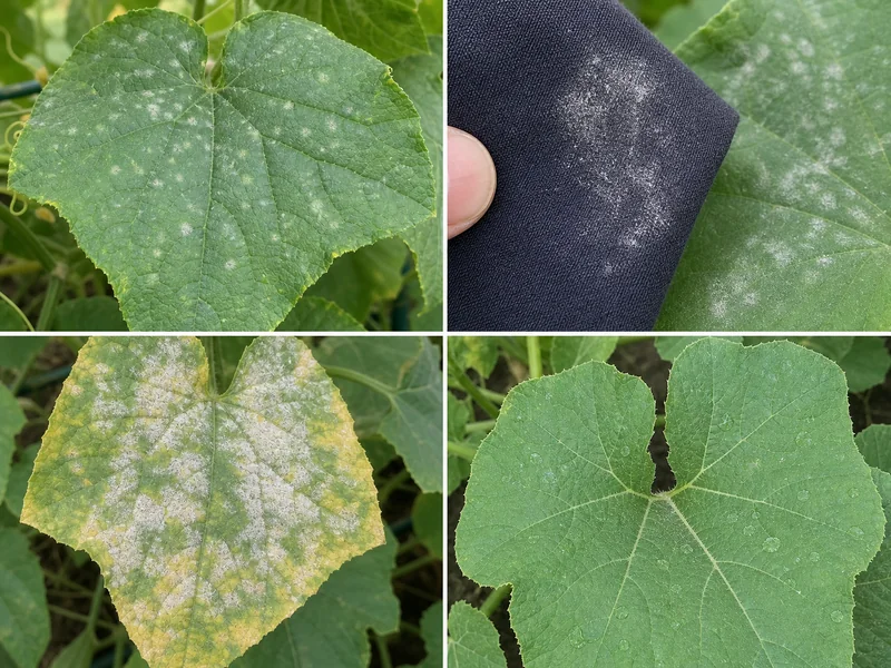 うどんこ病の初期、拭き取り、進行症状と健康な葉の水滴跡の比較