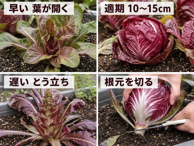 ラディッキオの早い葉が開いた株、適期10〜15cm、遅いとう立ち、根元を切る収穫方法を比べる画像