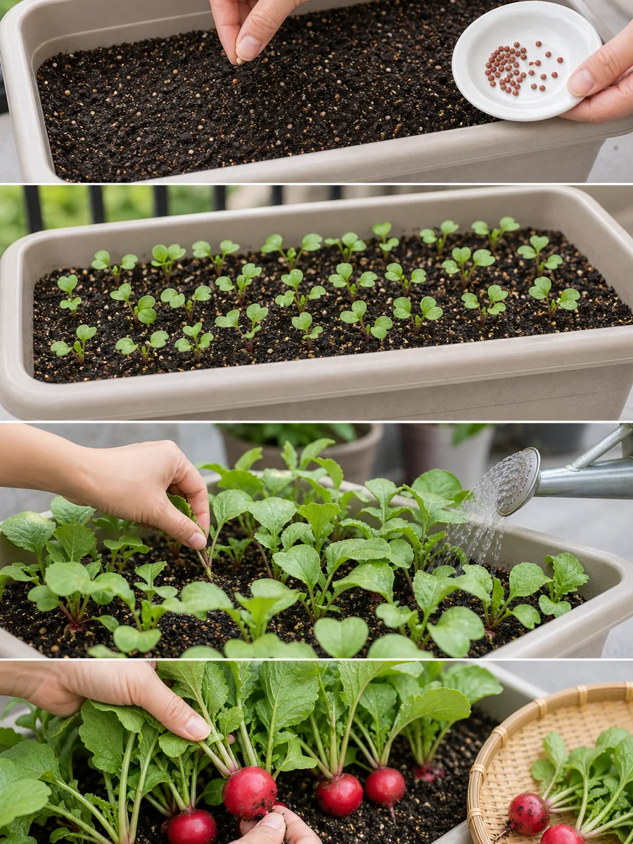 ラディッシュの種まきから収穫までの流れをまとめた縦長画像