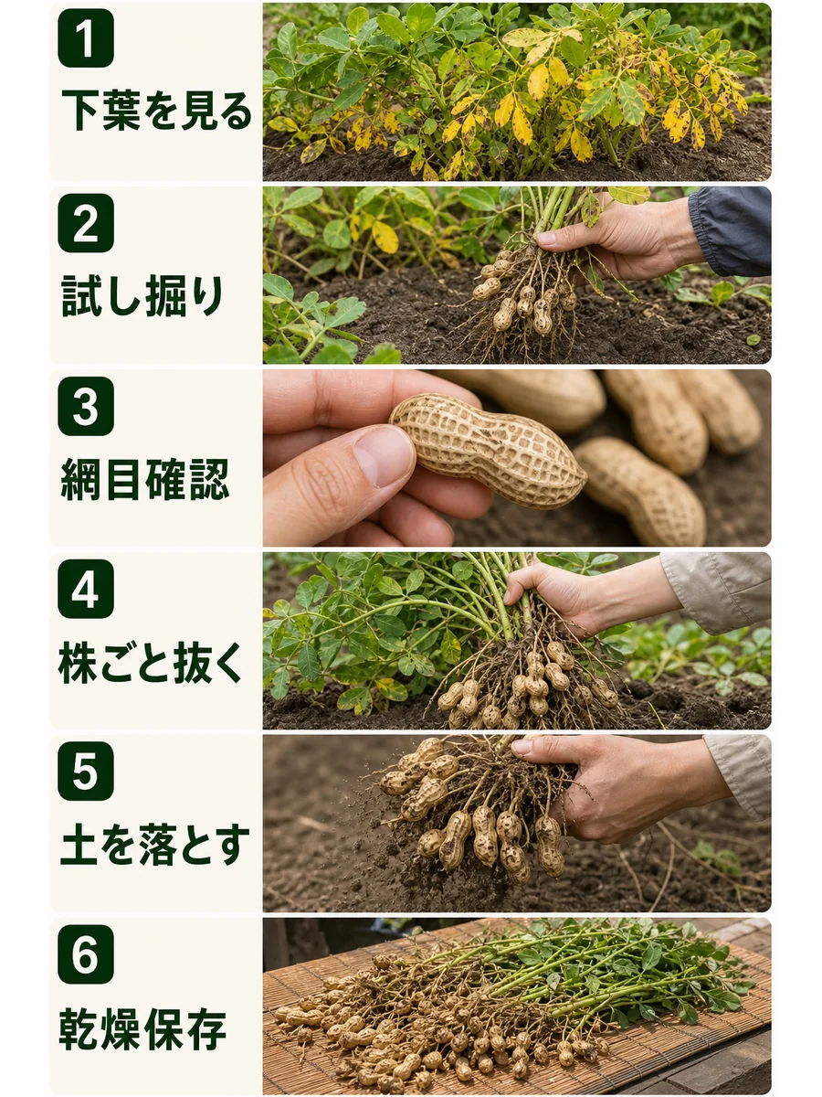落花生の収穫時期の判断手順をまとめた縦長画像