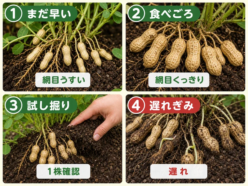 落花生のまだ早い、食べごろ、試し掘り、遅れぎみを比較した収穫目安画像