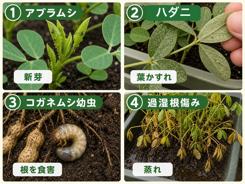 落花生のアブラムシ、ハダニ、コガネムシ幼虫、過湿根傷みをまとめた診断画像
