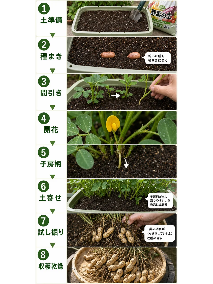 落花生の土準備、種まき、開花、子房柄、土寄せ、試し掘り、収穫乾燥をまとめた縦長画像