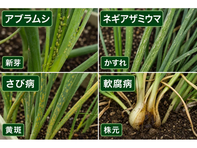 らっきょうのアブラムシ、ネギアザミウマ、さび病、軟腐病をまとめた診断画像