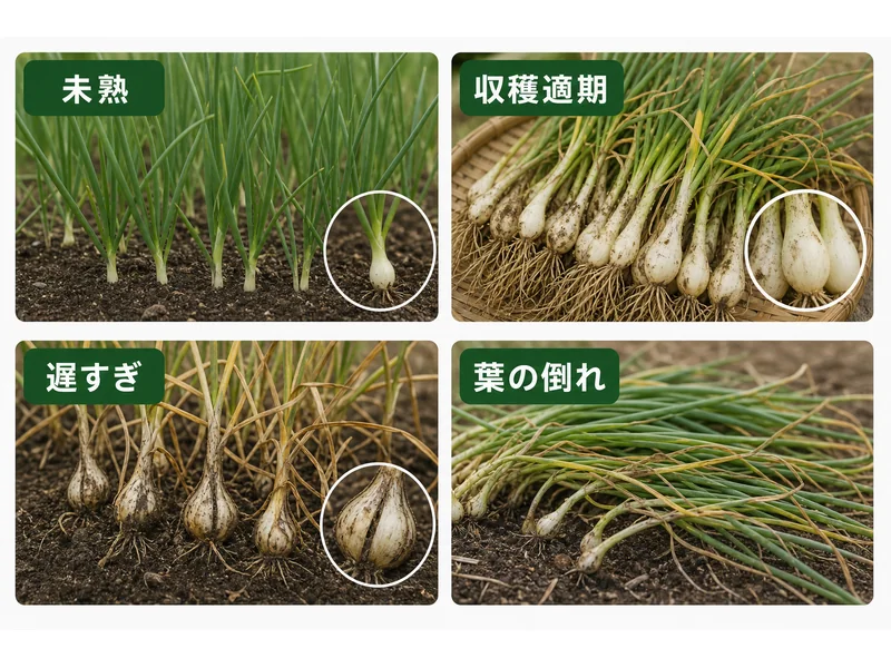 らっきょうの未熟、収穫適期、遅すぎ、葉の倒れを比較した収穫判断画像