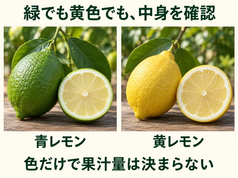 青レモンと黄レモンの断面のイメージ。色だけで果汁量は決まらない