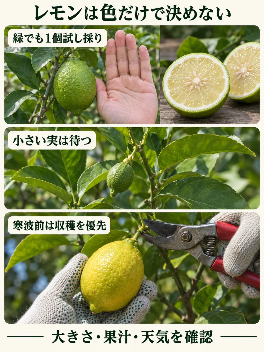 緑でも1個試し採り、小さい実は待つ、寒波前は収穫を優先するレモンの判断