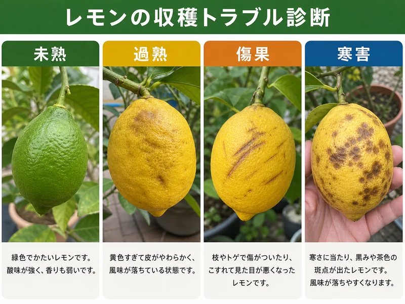 レモンの収穫時期の収穫前後のトラブルを比較した画像