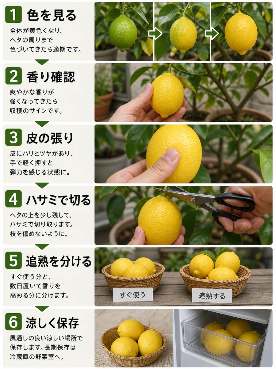 レモンの収穫時期の判断手順をまとめた縦長画像