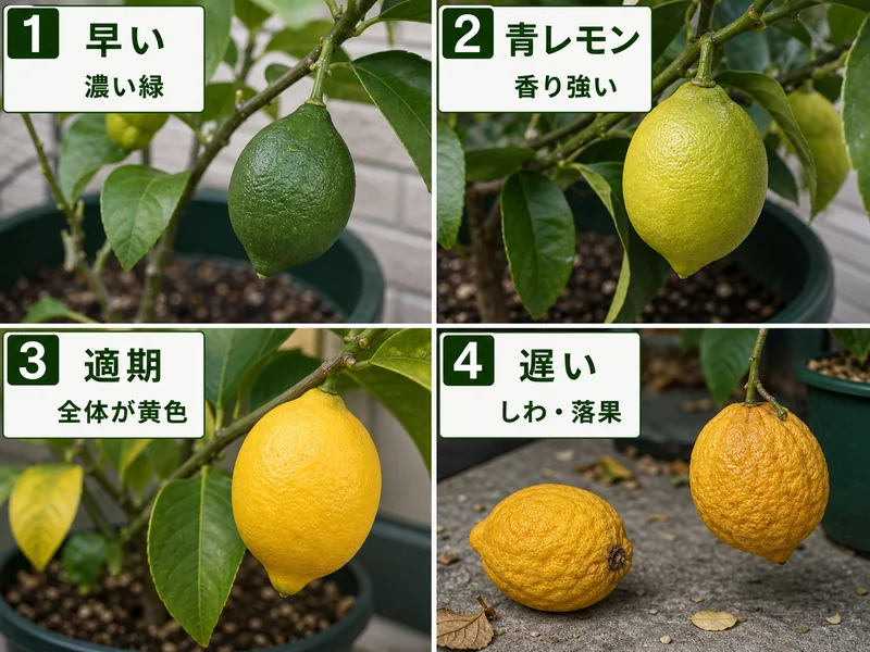 レモンの早い、青レモン、適期、遅いを比較した収穫目安画像