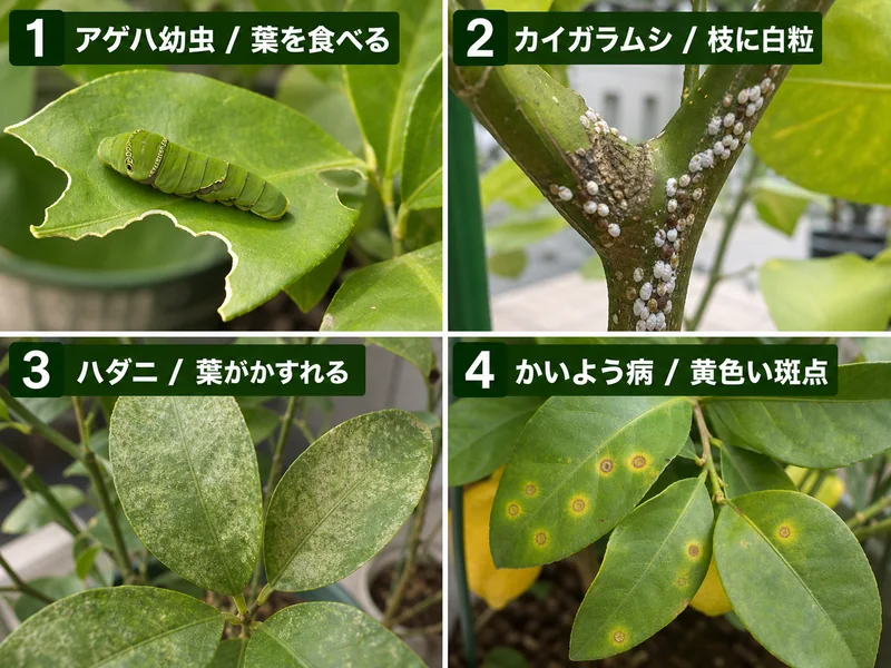レモンのアゲハ幼虫、カイガラムシ、ハダニ、かいよう病をまとめた診断画像