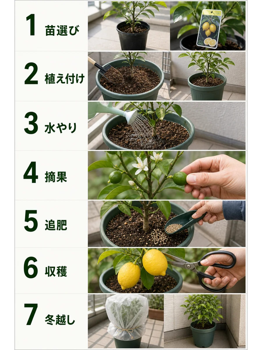 レモンの苗選び、植え付け、水やり、摘果、追肥、収穫、冬越しをまとめた縦長画像