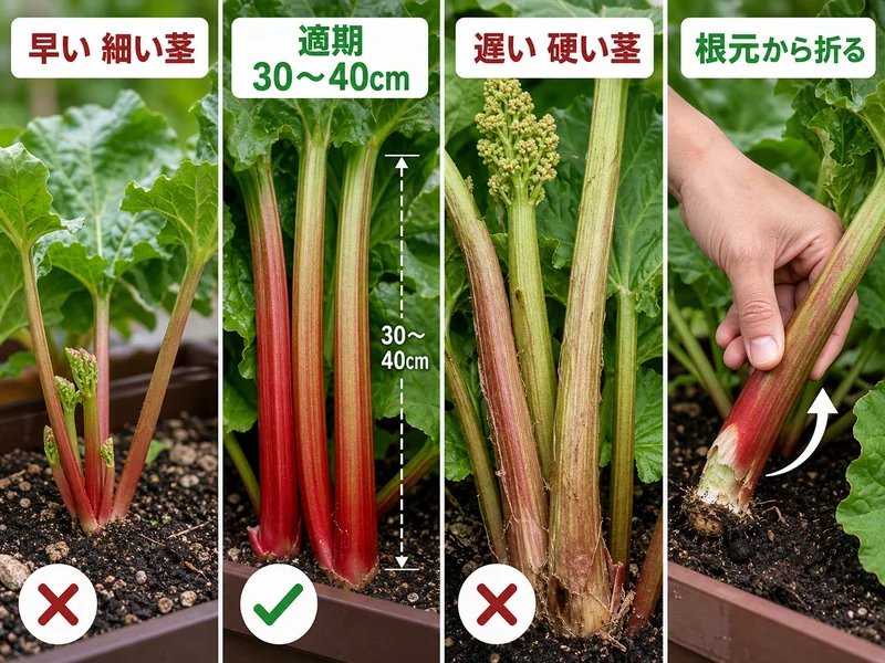 ルバーブの細い茎、適期30〜40cm、硬い遅れた茎、根元から折る収穫方法を比べる画像