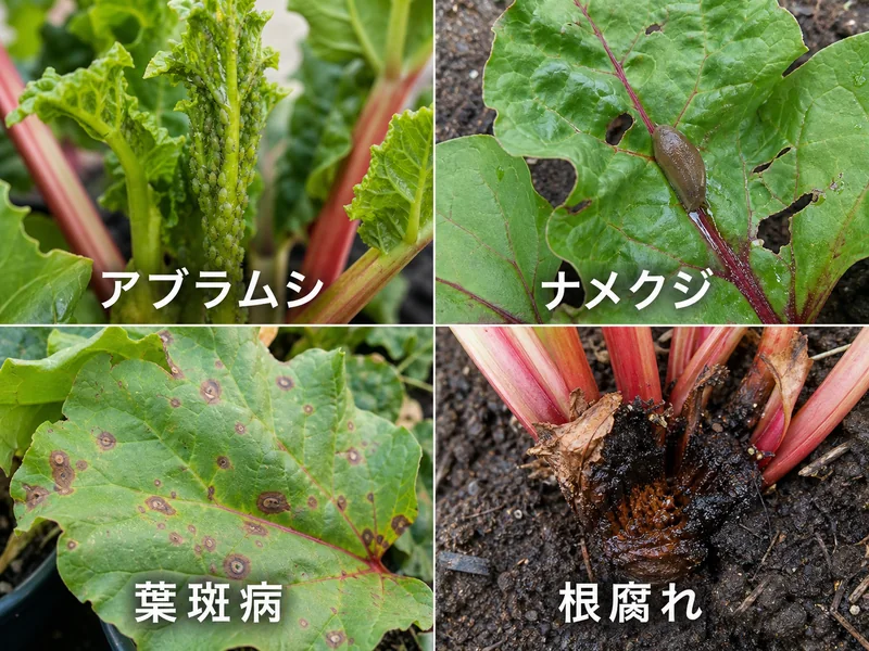 ルバーブのアブラムシ、ナメクジ、葉斑病、根腐れをまとめた診断画像