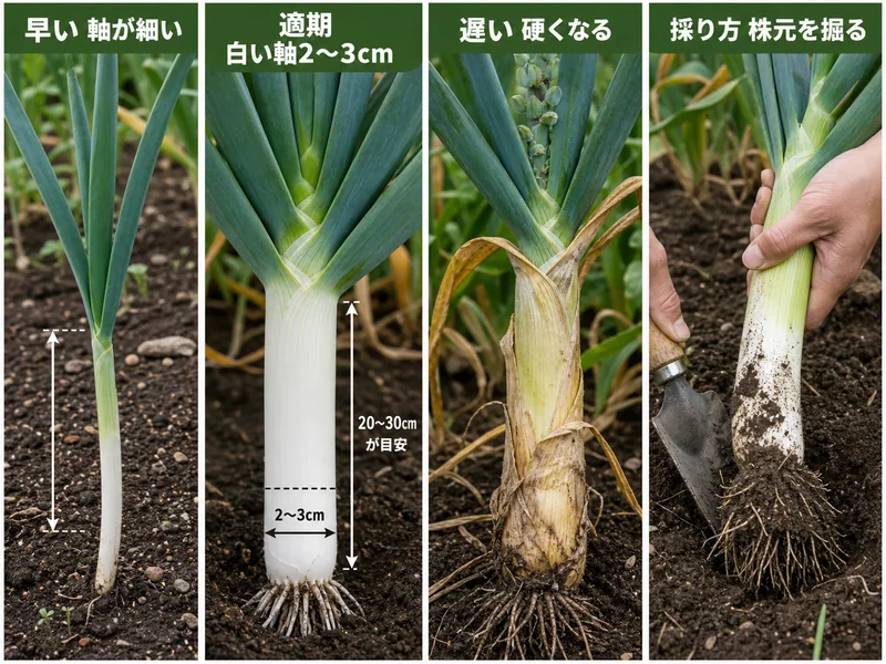 リーキの早い細い軸、食べごろの白い軸2〜3cm、遅い硬い株、株元を掘る収穫方法を比べる画像