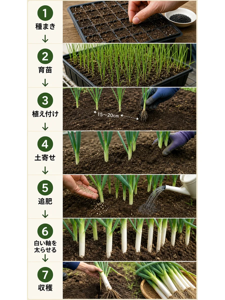 リーキの種まき、育苗、植え付け、土寄せ、追肥、白い軸を太らせる管理、収穫までの流れ