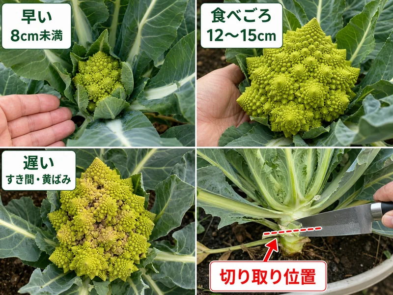 ロマネスコの早い花蕾、食べごろ12〜15cm、遅い黄ばみ、切り取り位置を比べる画像
