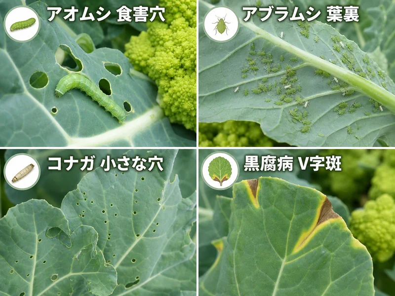 ロマネスコのアオムシ、アブラムシ、コナガ、黒腐病を見分ける診断画像